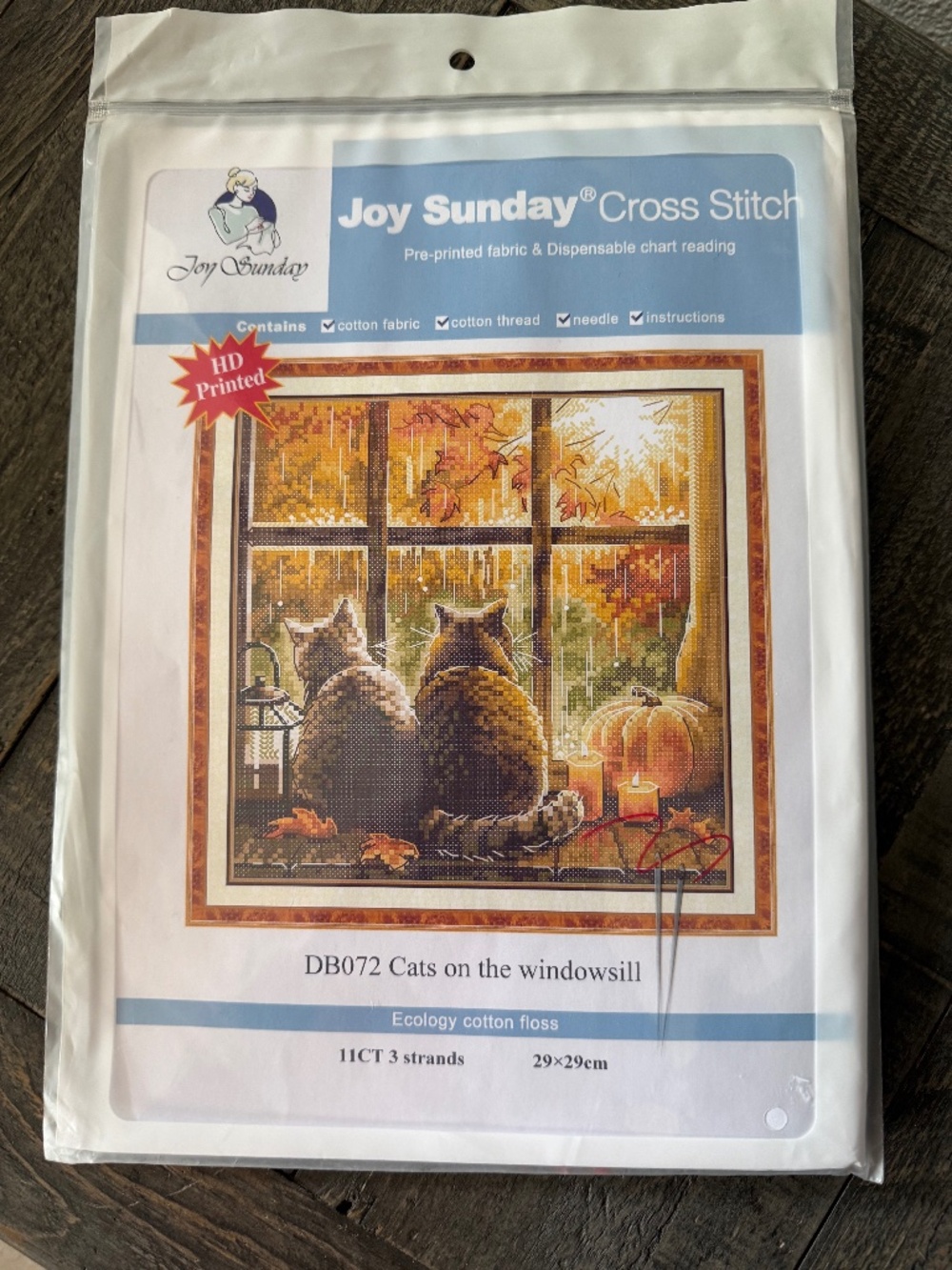 Cats Fall Windowsill Joy Sunday Pre-Printed Cross Stitch Kit 11ct Aida - NEW